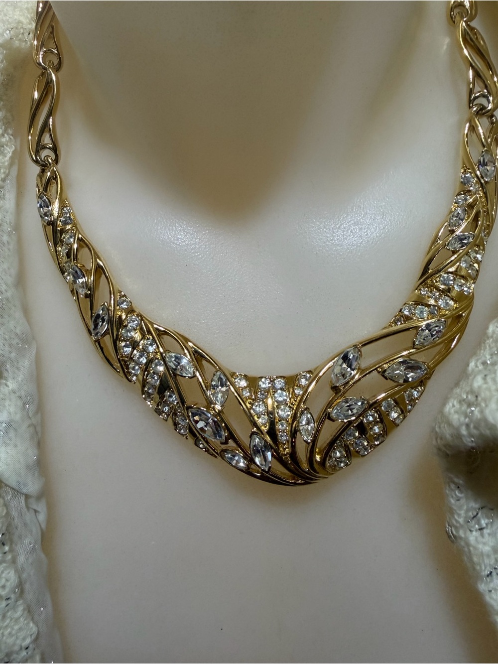 Vintage Trifari Gold Crystal Leaf Statement Necklace